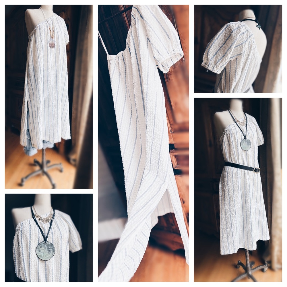 Madewell Seersucker Midi Dress One Shoulder Striped Small NWT - Picture 5 of 16